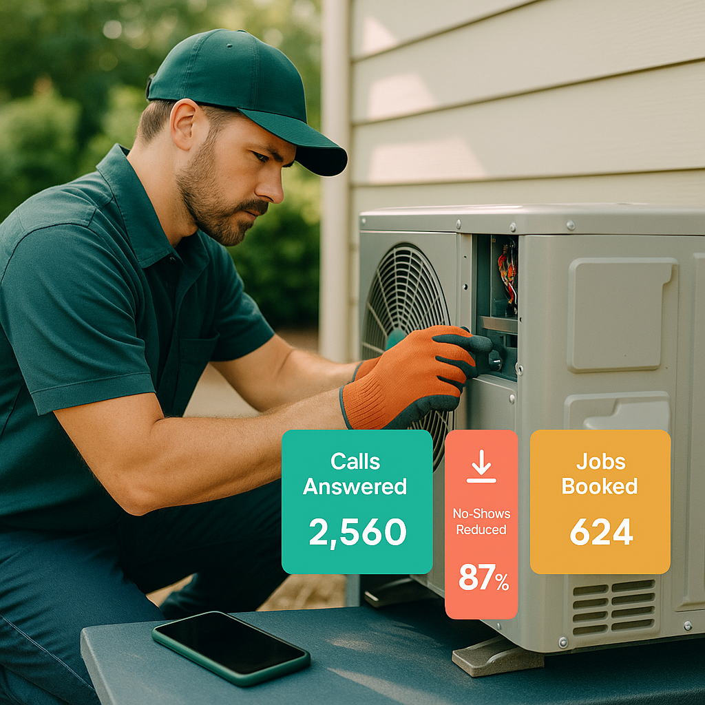 HVAC technician working on air conditioning unit with overlays showing calls answered, no-shows reduced, and jobs booked