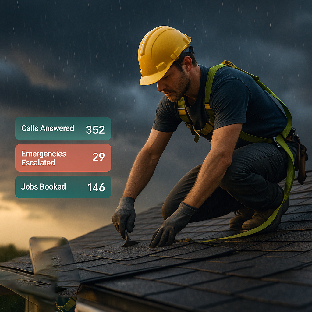 Roofer working on roof in stormy weather with overlays for calls answered, emergencies escalated, and jobs booked