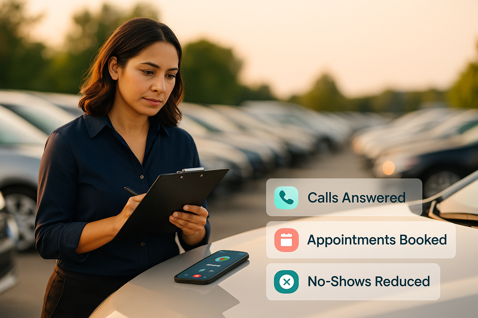 Franchise dealer showcasing new EV in showroom while AI assistant handles incoming calls and appointments